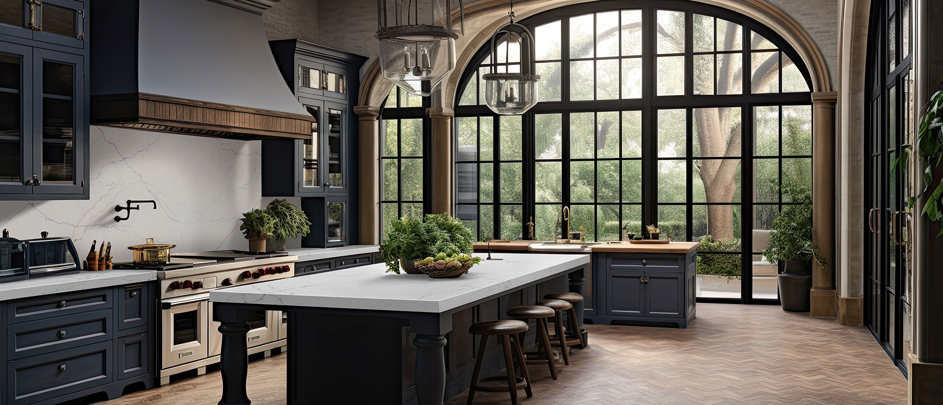 Calacatta Miraggio Seaglass quartz countertop with soft grey veining