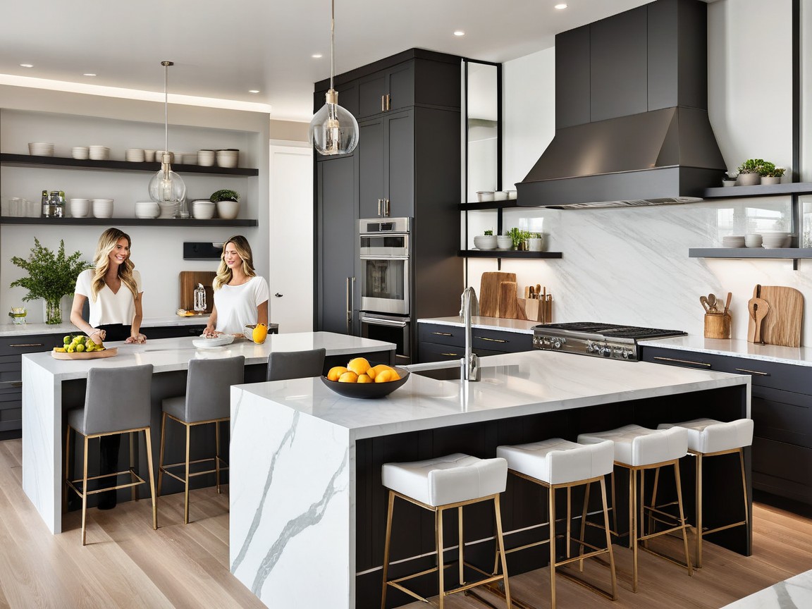 Quartz kitchen countertop and island in a bright modern kitchen