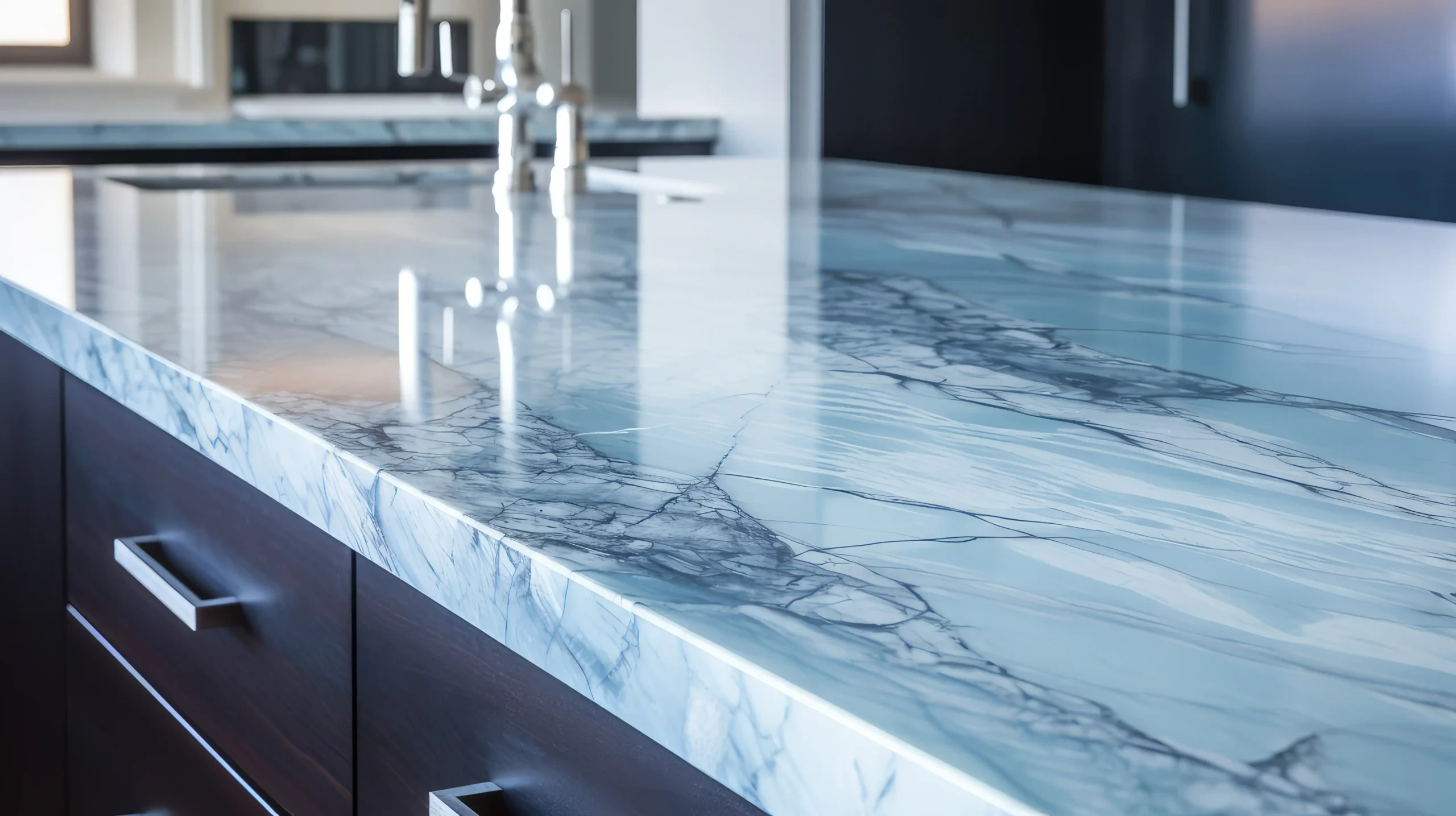 White granite countertop with blue veining running through the slab