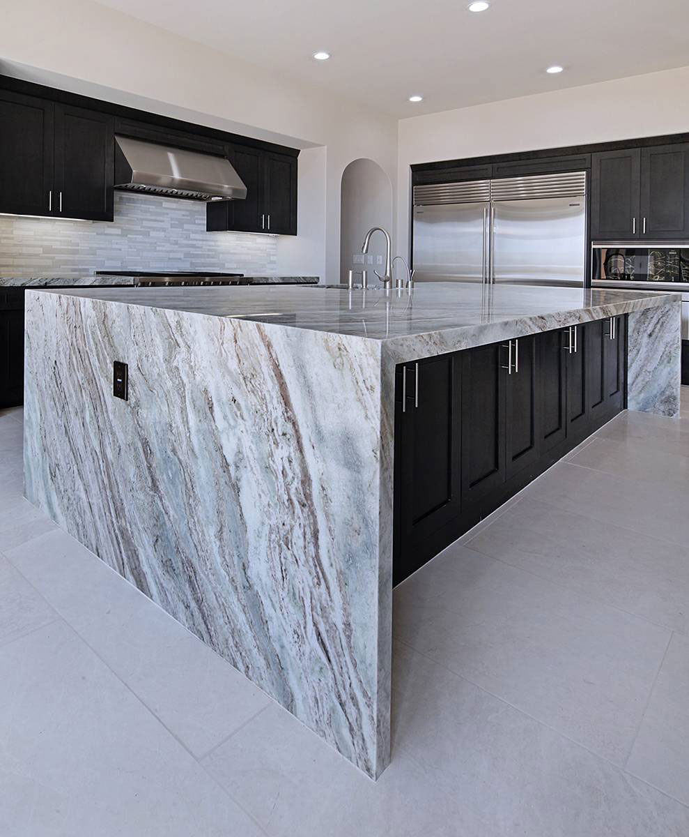 Fantasy Brown marble kitchen countertops showing swirling grey and brown veining