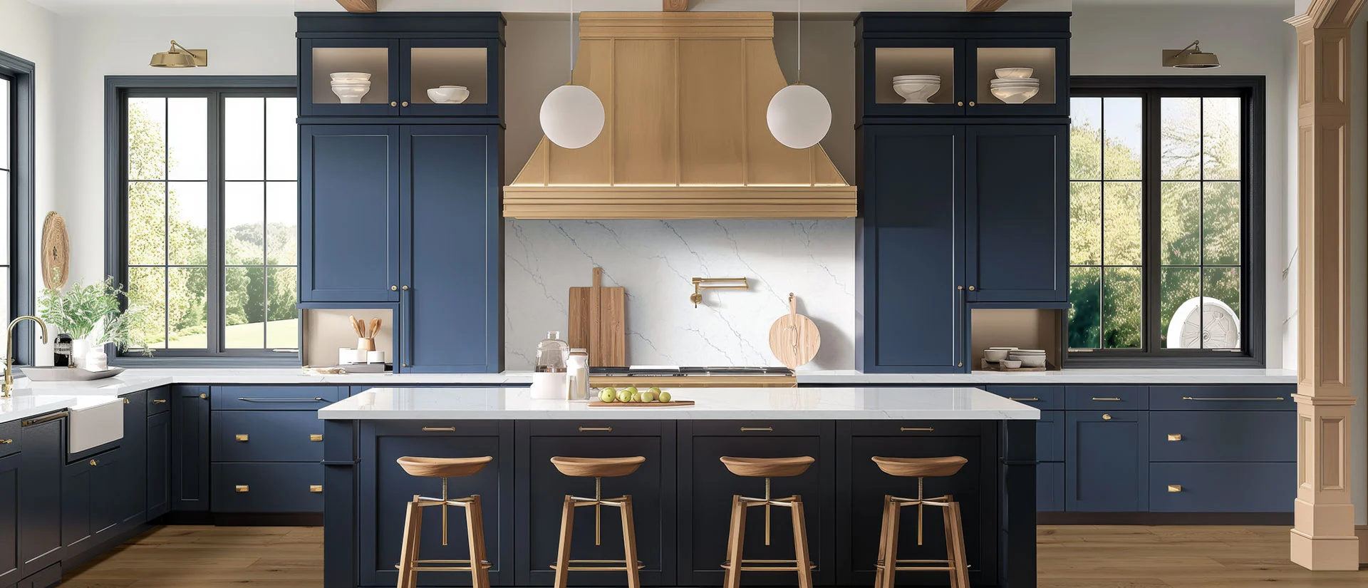 Calacatta Miraggio Cielo quartz countertops with soft grey veining across a white kitchen island and perimeter