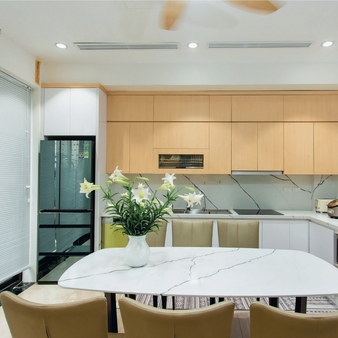 Rainforest quartz countertop with soft veining running across the slab