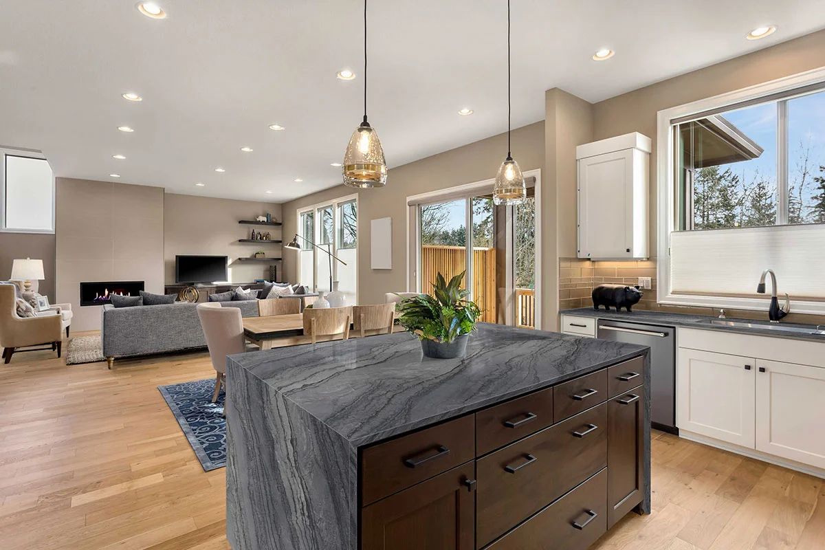 Mercury Gray quartzite slab with fine grey veining used as a kitchen countertop