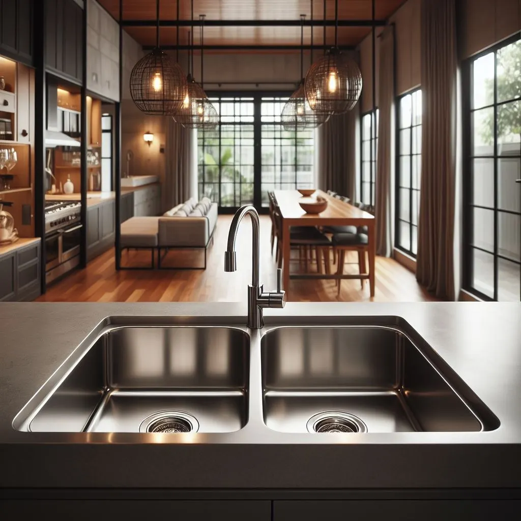 Undermount stainless steel kitchen sink set into a stone countertop